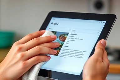 Close-up of hand touching moisture-resistant tablet screen in kitchen.